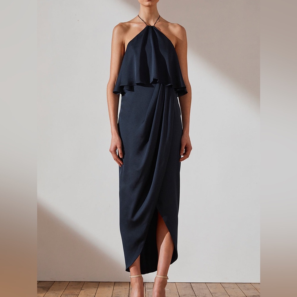 Shona Joy Ruffle Halter Tulip Gown - Navy 8